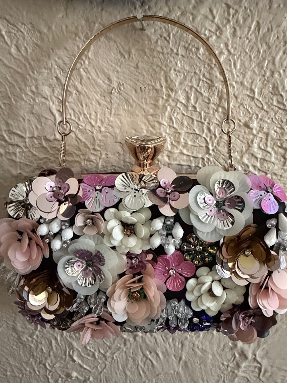 Floral Embellished Evening Clutch in Pink, Cream & Gold